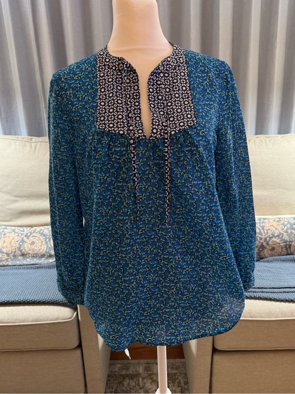 J. Crew Teal Floral Split-Neck Blouse with Contrasting Navy Yoke